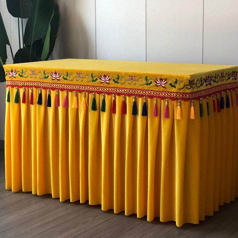 莲花刺绣彩色吊穗寺庙佛台供桌八仙桌长桌金丝绒桌布桌裙桌围定做