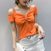 新款 性感V领T恤女短袖 2020夏装 洋气钉珠露肩锁骨上衣心机设计感潮