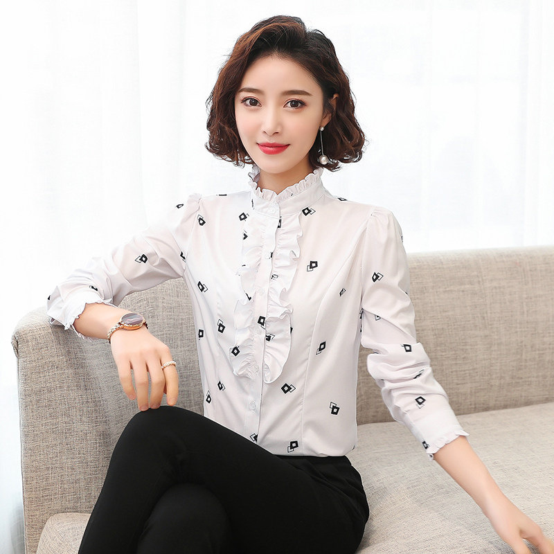 2021春秋季新款荷叶花边长袖白色雪纺衬衫女立领职业装修身打底衣