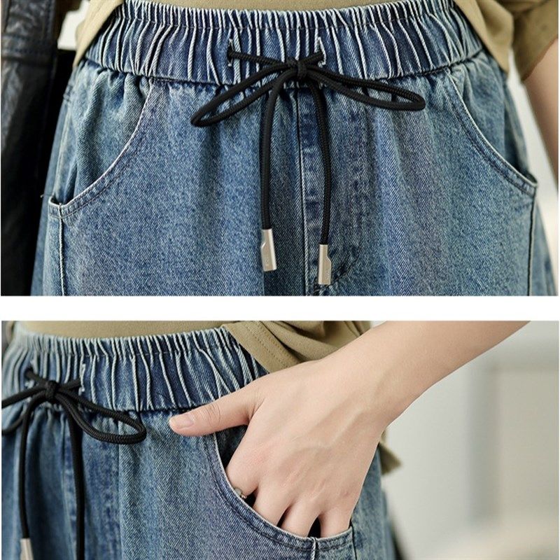 抽绳阔腿牛仔裤女秋季胖妹妹梨形身材长裤大码宽松显瘦弯刀香蕉裤