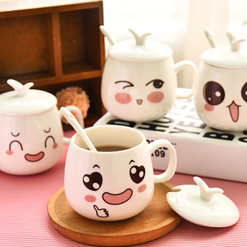 儿童陶瓷杯可爱卡通水杯带盖带勺子表情马克杯创意白色新骨瓷杯子