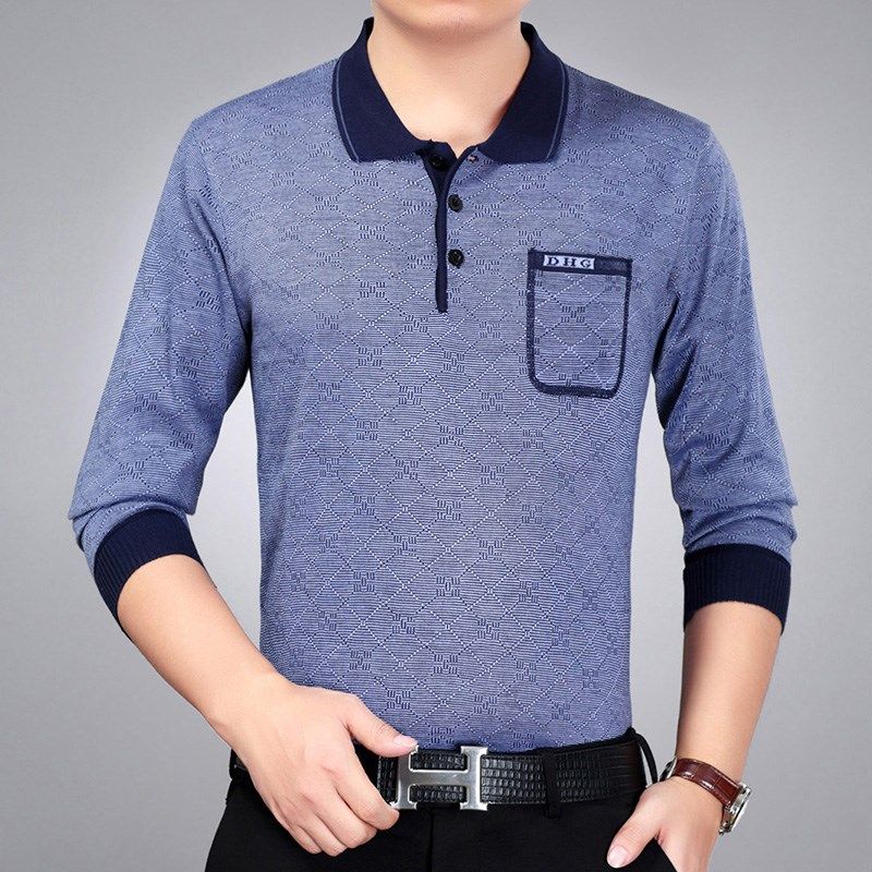 爸爸夏装中年男士长袖T恤中老年人春秋薄款翻领男上衣服爷爷春装