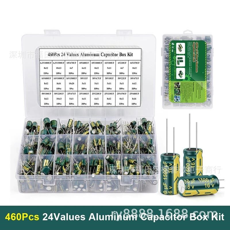 460PCS 绿色高频直插铝电解电容套件 24种规格阻值 6.3V-50V