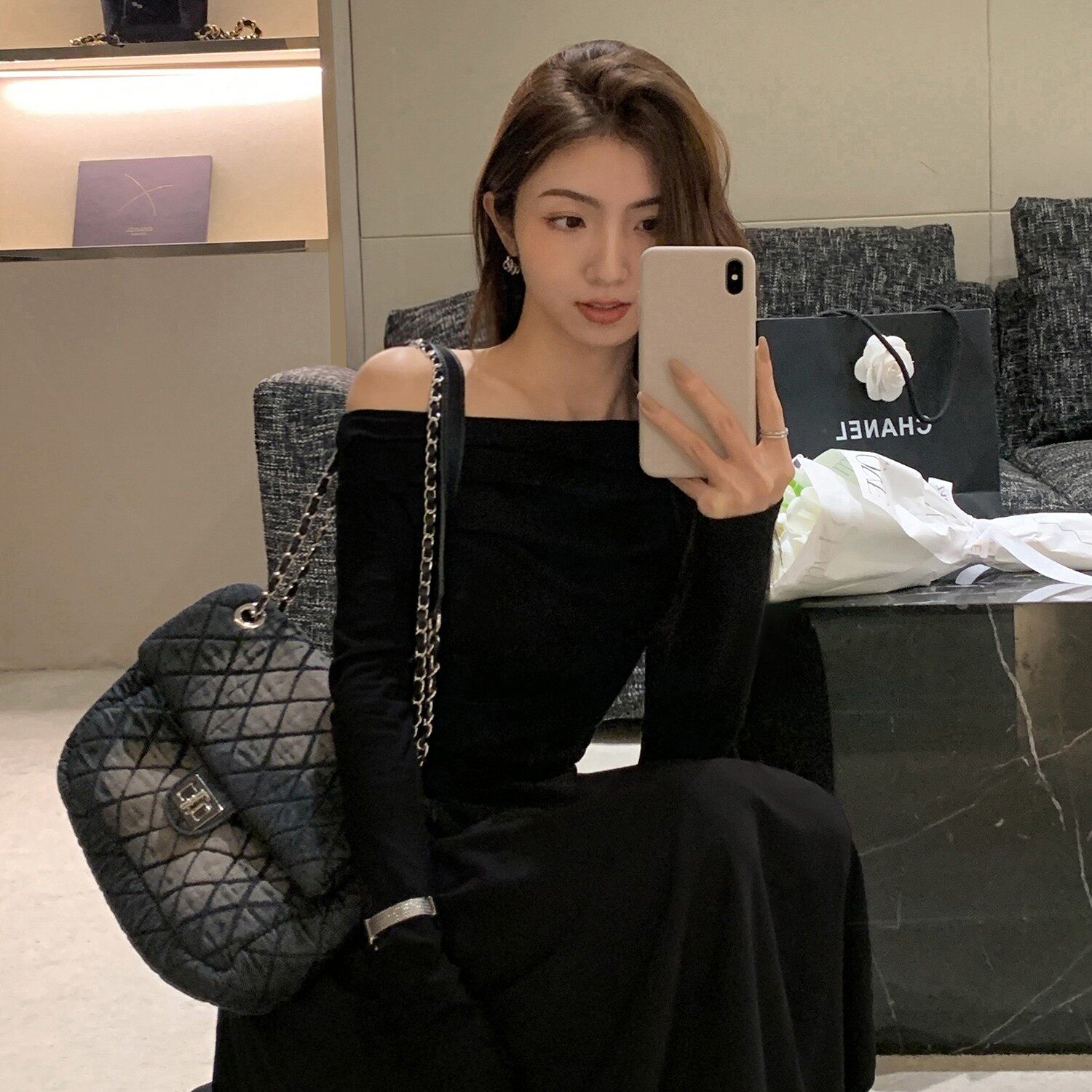 黑色一字肩连衣裙女毕业礼服