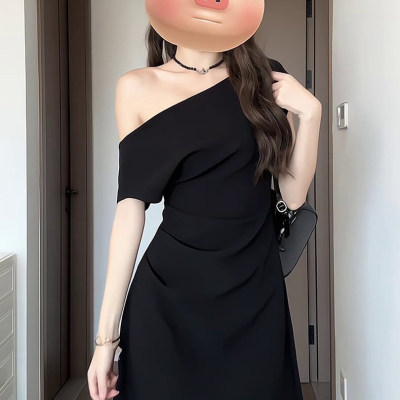 高级法式一字肩斜肩连衣包臀裙女