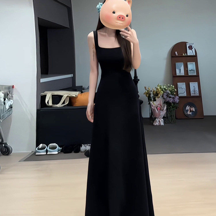 法式极简风黑色吊带连衣裙女夏季收腰显瘦长裙高级感无袖背心长裙