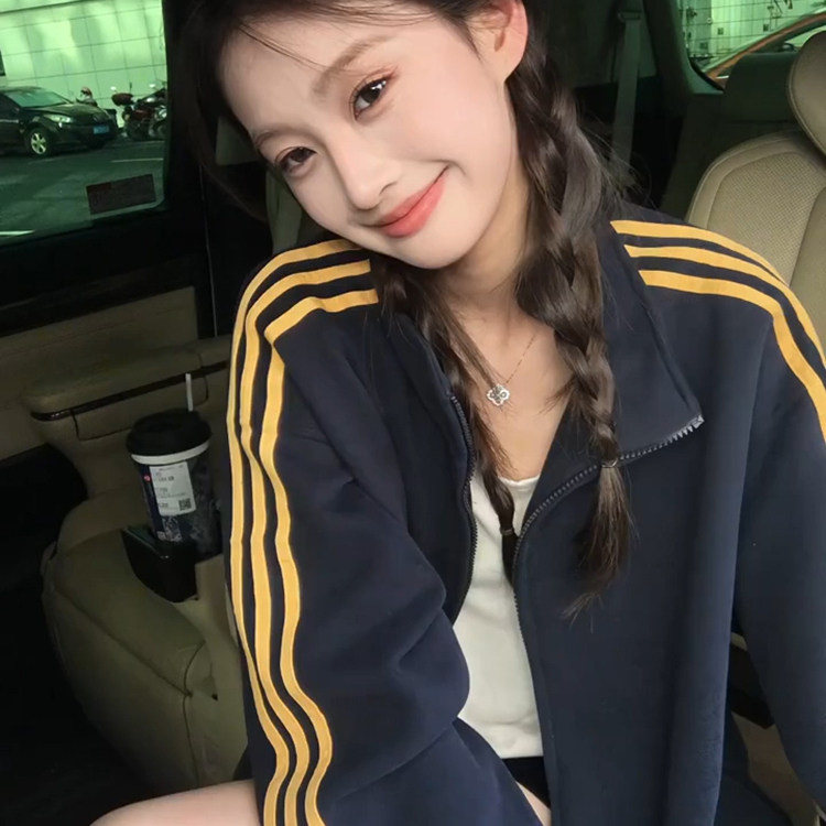 藏青色条纹开衫卫衣女春秋冬2025新款加绒加厚运动休闲慵懒风外套