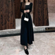 赫本风黑色长袖 方领连衣裙2025秋款 收腰显瘦气质高级感内搭外穿裙