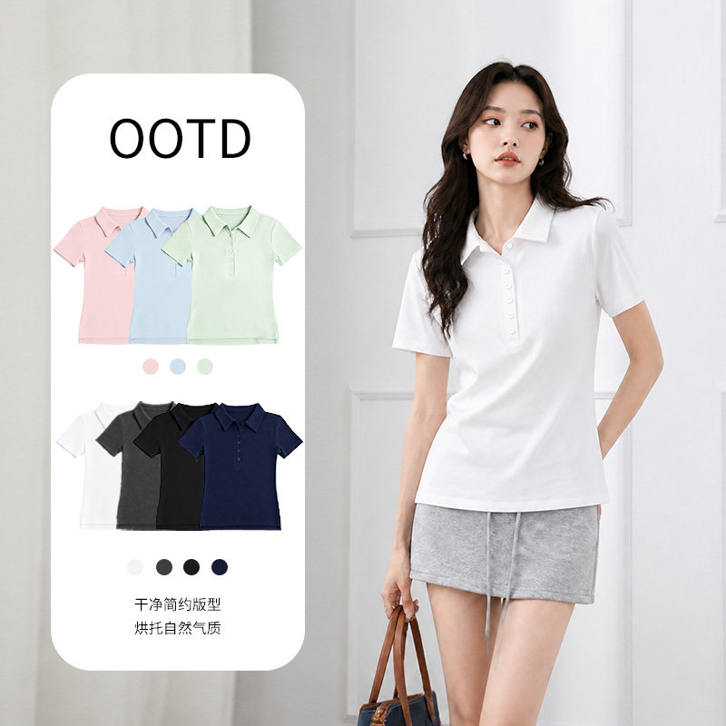 白色POLO领短袖T恤女显瘦气质