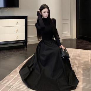 黑色长袖连衣裙女大衣内搭假两件冬春秋季加绒收腰显瘦小个子裙子
