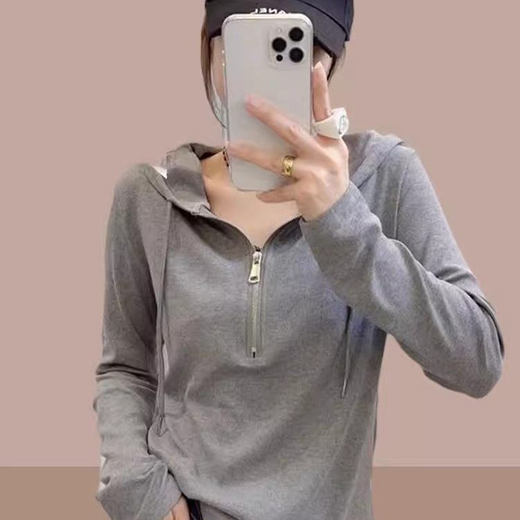 夏季连帽半拉链长袖T恤女显瘦