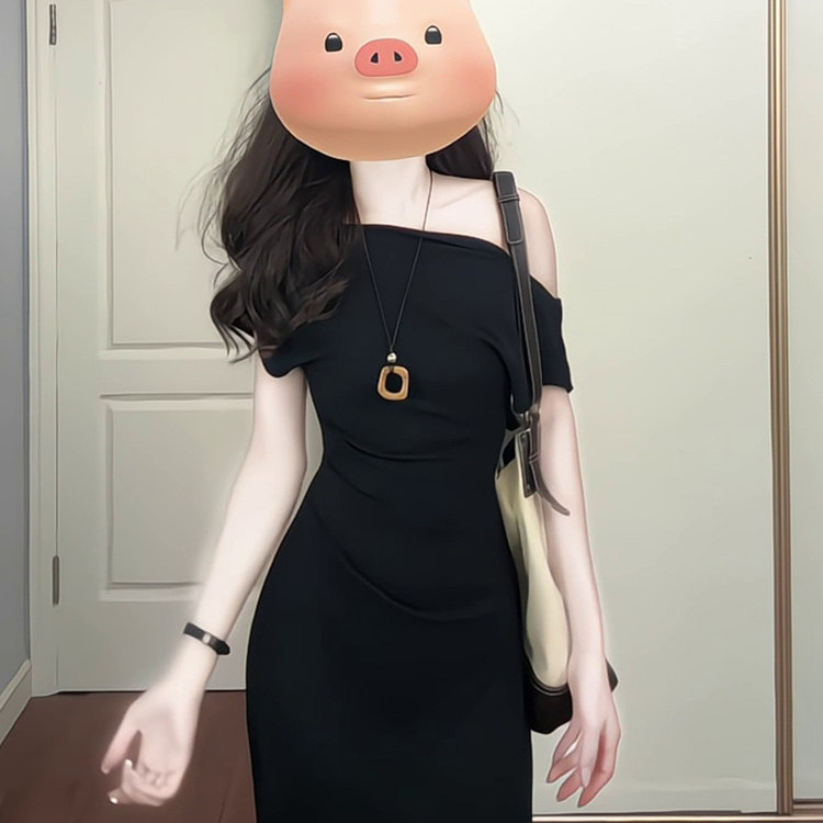 杏色夏季法式一字肩显瘦连衣裙