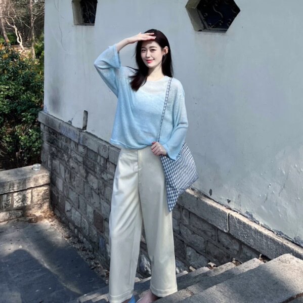 慵懒风蓝色潮流防晒罩衫女2026春夏新款薄款宽松显瘦长袖百搭上衣
