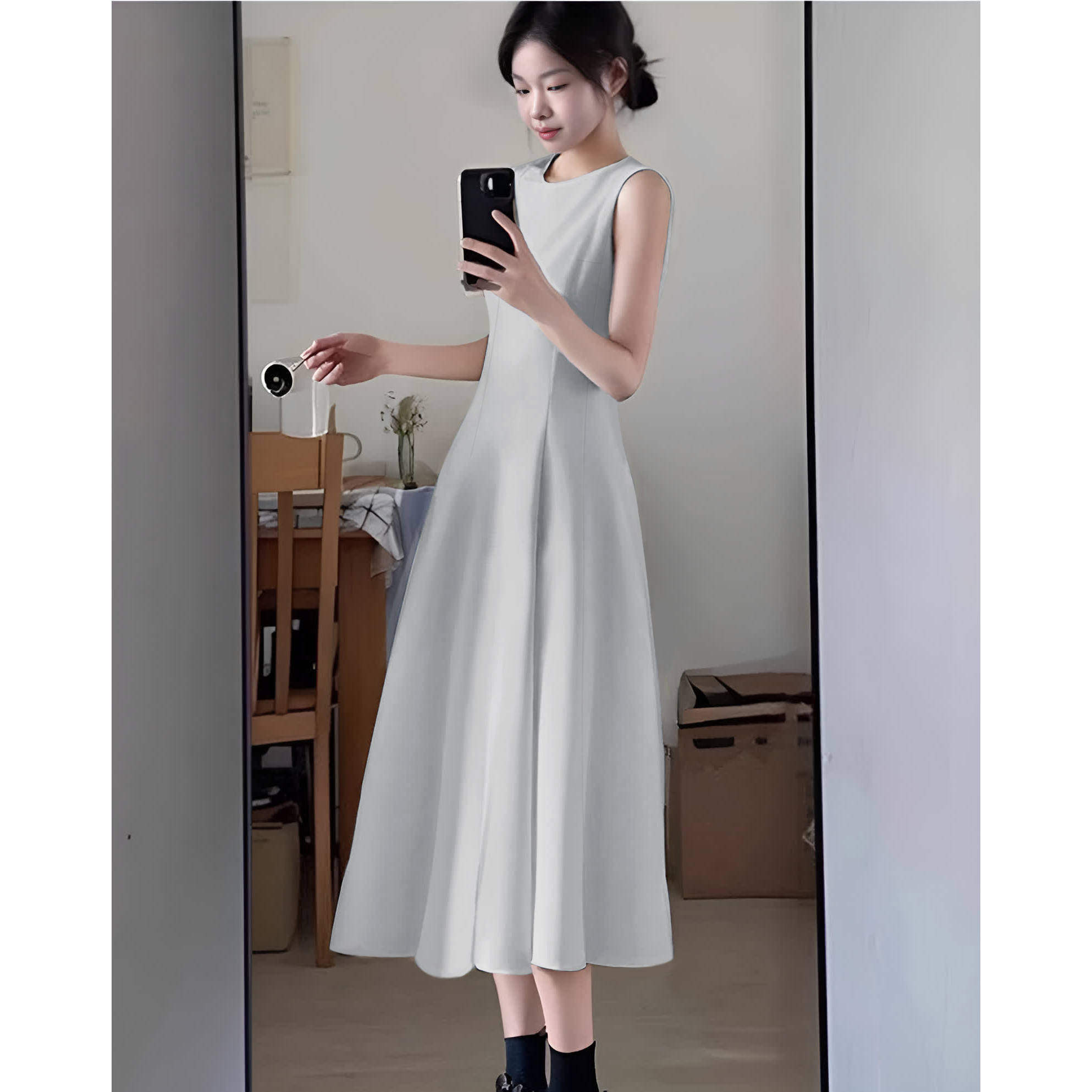 蓝色法式赫本风A字礼服连衣裙