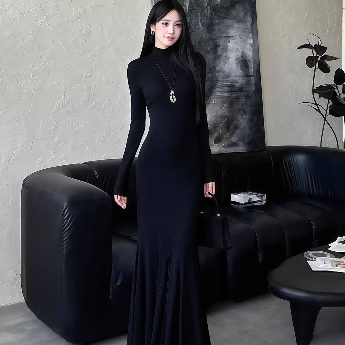 步步生莲鱼尾裙长袖连衣裙御姐风高级感收腰显瘦包臀约会战袍长裙