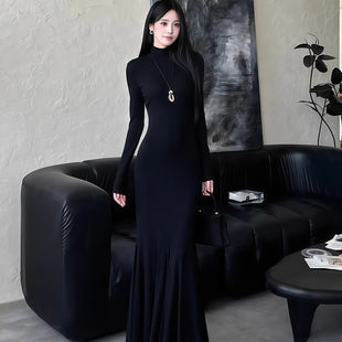 步步生莲鱼尾裙长袖连衣裙御姐风高级感收腰显瘦包臀约会战袍长裙