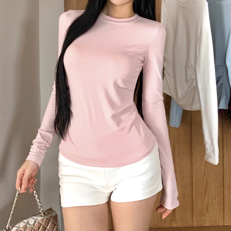 多巴胺风浅粉色长袖T恤女2026春夏季新款薄款防晒修身显瘦打底衫