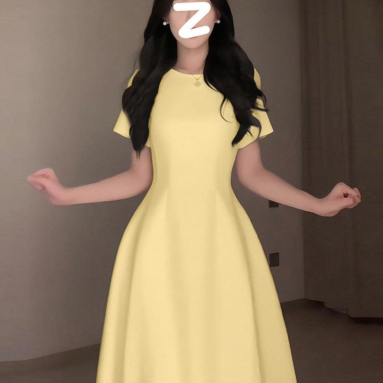黄色短袖连衣裙女2026夏季新款小个子收腰显瘦高级感气质礼服长裙
