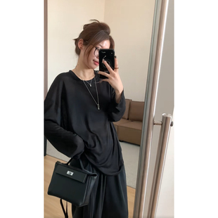 慵懒风长袖T恤女2026春夏新款宽松显瘦防晒罩衫柔软透气黑色上衣