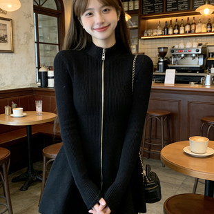 韩系黑色拉链立领针织连衣裙女2026春秋冬收腰显瘦修身减龄小个子
