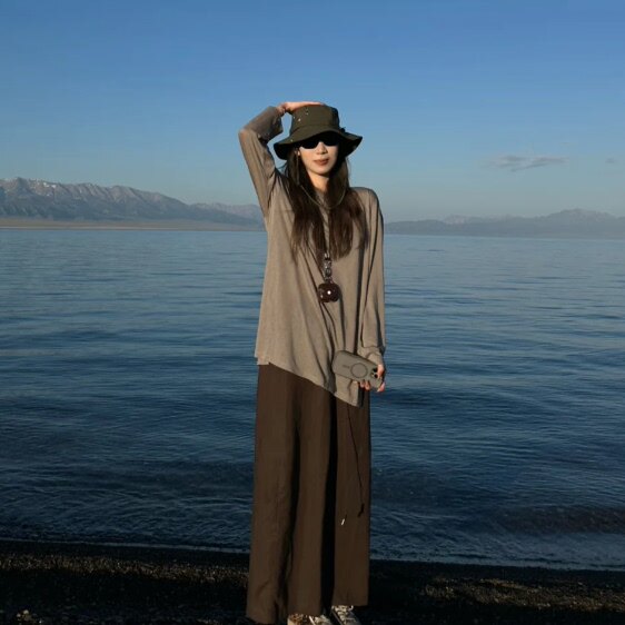 慵懒松弛感宽松墨绿色防晒罩衫女2026长袖中长款外搭T恤夏季薄款