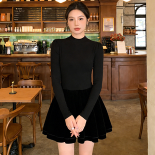 小香风黑色长袖加绒连衣裙2026春秋冬新款千金感内搭外穿蓬蓬裙子