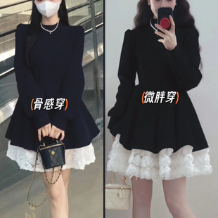 绝美黑色丝绒连衣裙女2025秋冬新款收腰显瘦长袖千金风穿搭气质裙