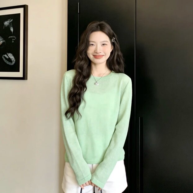 慵懒风薄荷绿长袖T恤女2026夏宽松显瘦百搭舒适防晒上衣通勤穿搭