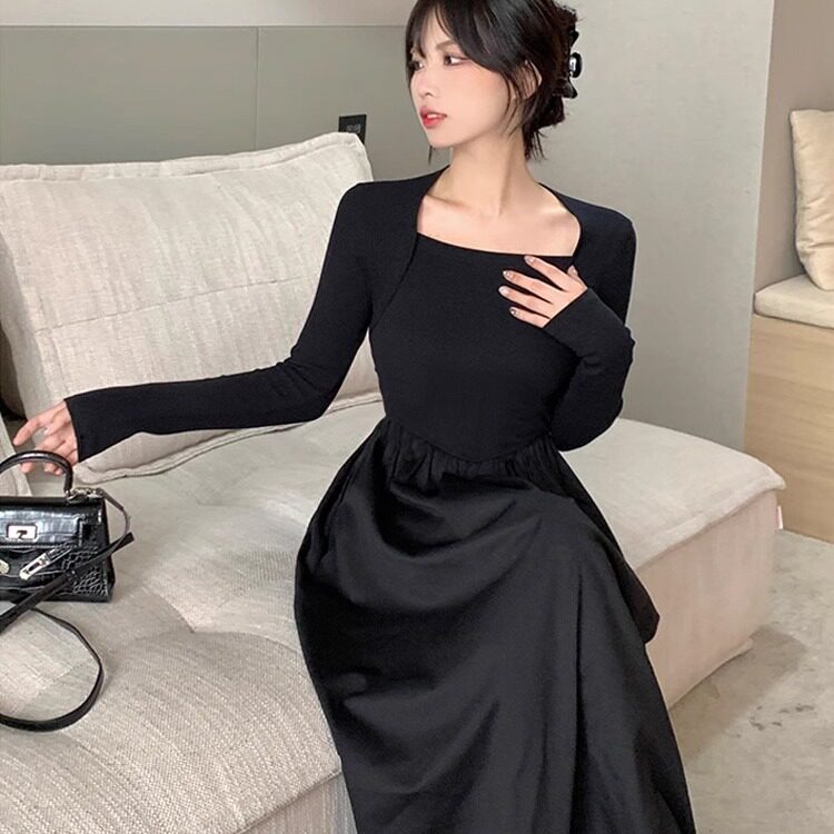 法式赫本风高级感方领黑色长袖连衣裙小个子夏秋气质收腰内搭长裙