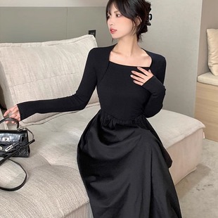 法式赫本风高级感方领黑色长袖连衣裙小个子夏秋气质收腰内搭长裙