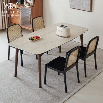 暮奢法式胡桃色实木餐桌小户型餐桌椅组合复古洞石岩板奶油风餐桌