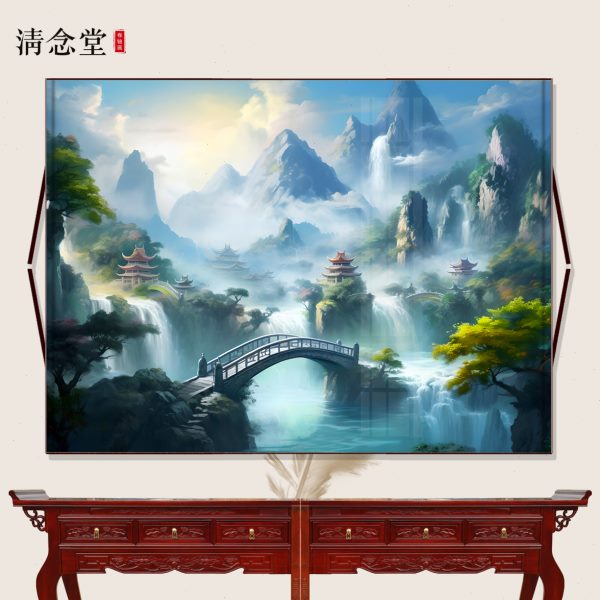 横幅仙家堂口山水风景画流水生财小桥亭子无活物暗堂供奉挂画堂单