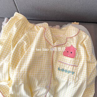 黄色格子睡衣女款春秋季纯棉长袖长裤套装学生卡通可爱出门家居服