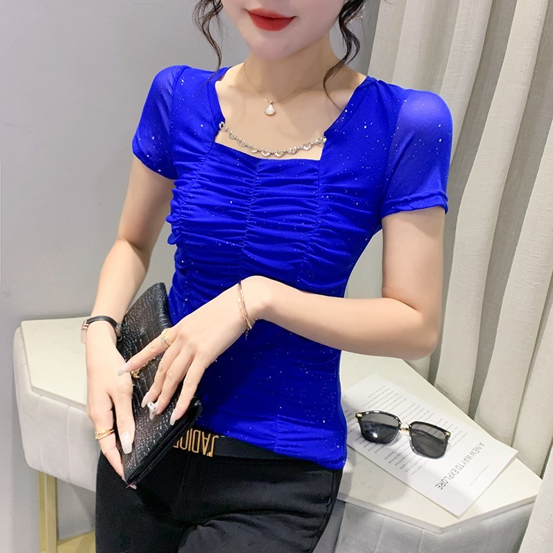 时尚方领T恤女短袖夏装洋气设计感链条上衣修身显瘦性感网纱小衫