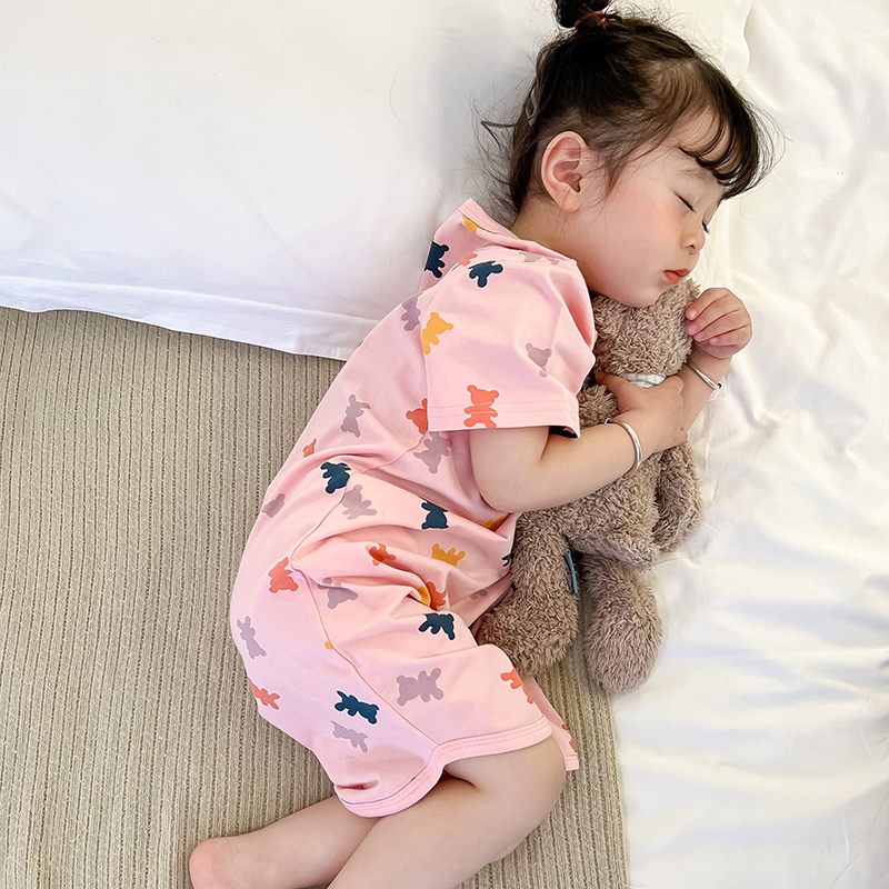 夏季宝宝短袖连体睡衣薄款男童纯棉睡袍婴儿护肚睡裙防踢空调服女