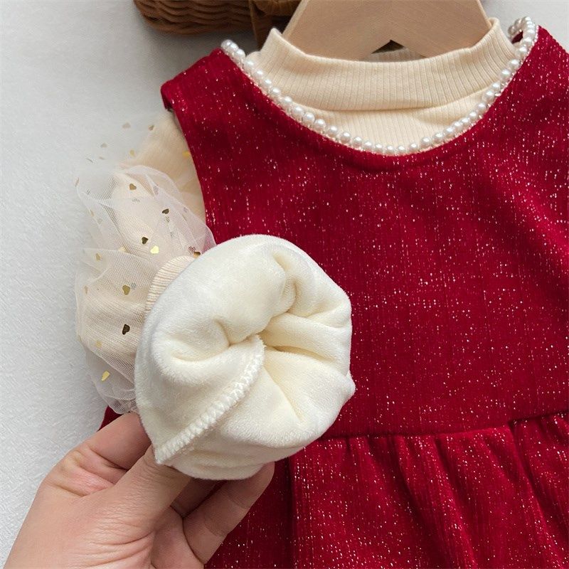 女童冬装新款冬季套装甜美风红色连衣裙加绒公主背心裙儿童新年装