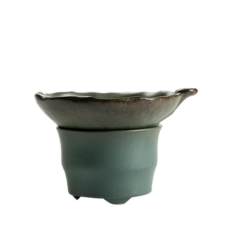 中式粗陶鎏金荷叶茶漏复古铁釉茶滤陶瓷隔具配件茶叶漏斗过滤网器