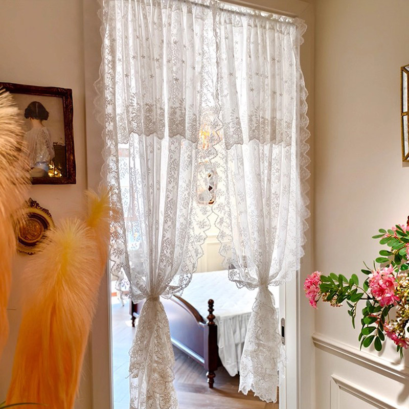 法式蕾丝门帘纱遮光挡布伸缩杆卧室高级感厨房卫生间隔断免打孔