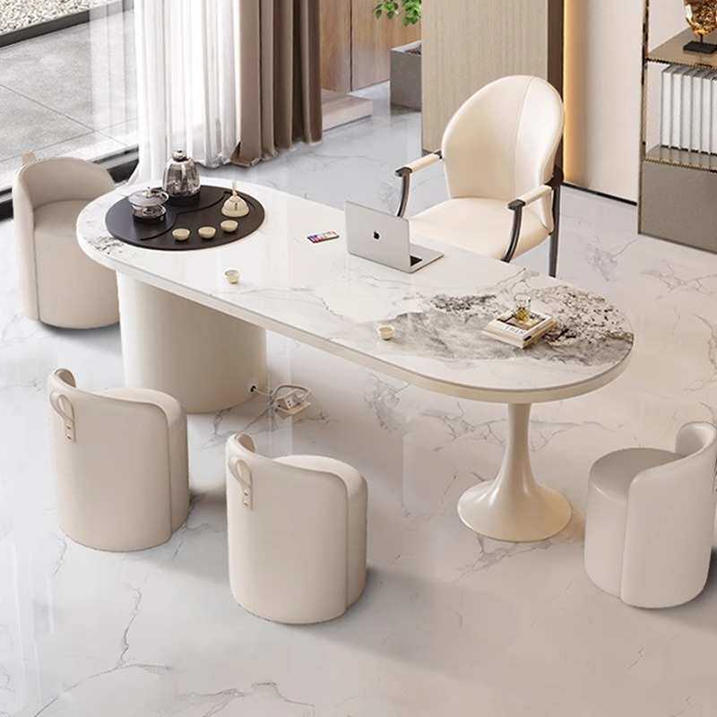 现代简约岩板茶桌书桌一体两用奶油风办公室洽谈桌轻奢功夫泡茶台