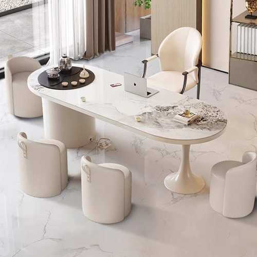 现代简约岩板茶桌书桌一体两用奶油风办公室洽谈桌轻奢功夫泡茶台