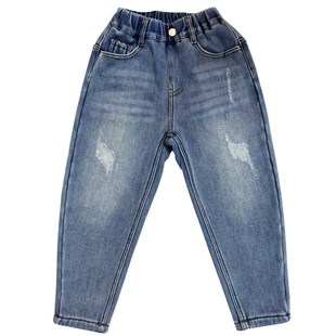 男童加绒牛仔裤子浅蓝小脚裤厚2024冬季新款宝宝小中大潮儿童长裤