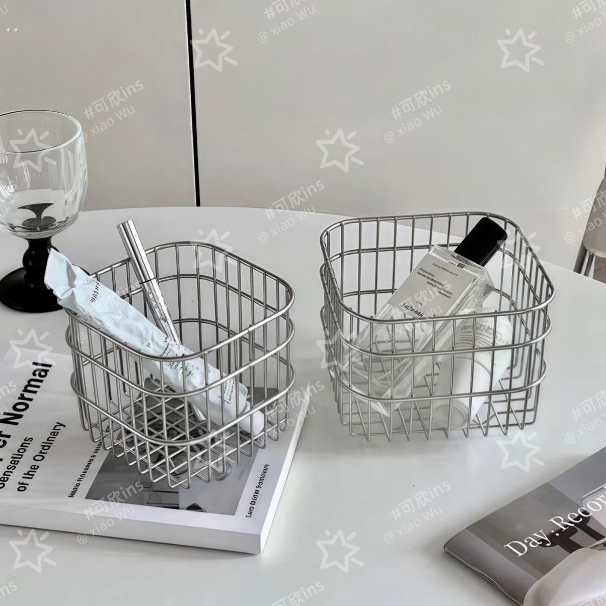 不锈钢收纳筐ins风摆拍道具不锈钢置物架浴室日用品收纳沥水篮