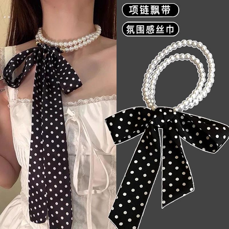 珍珠项链长条丝巾女飘带颈链百搭高级感领巾复古薄款围巾锁骨链饰