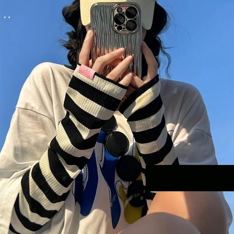 黑白条纹防晒袖套女宽松夏季开车骑行遮阳防紫外线冰袖户外长手套