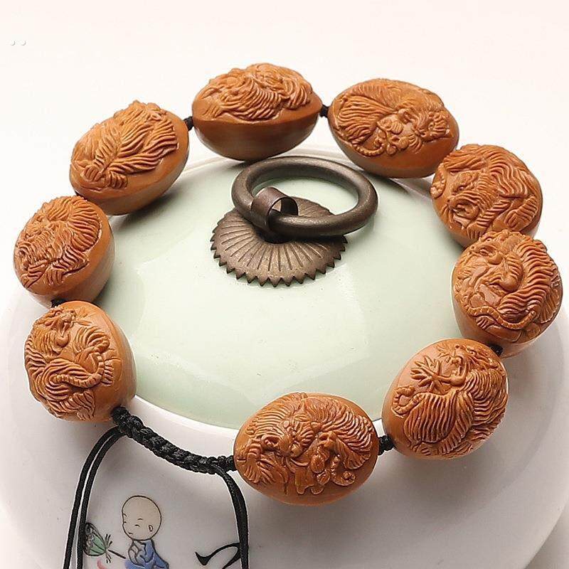 手工单面雕刻橄榄核手串光面浮雕老虎啸山林文玩核雕生肖虎虎生威