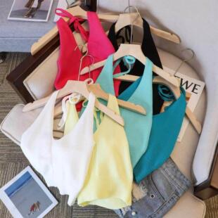 小吊带外穿辣妹抹胸美背上衣女夏天设计感系带挂颈针织打底背心女