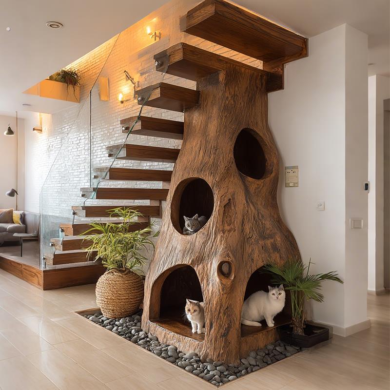 楼梯下景观室内树洞猫爬架猫树屋窝别墅民宿多洞穴造景空间装饰