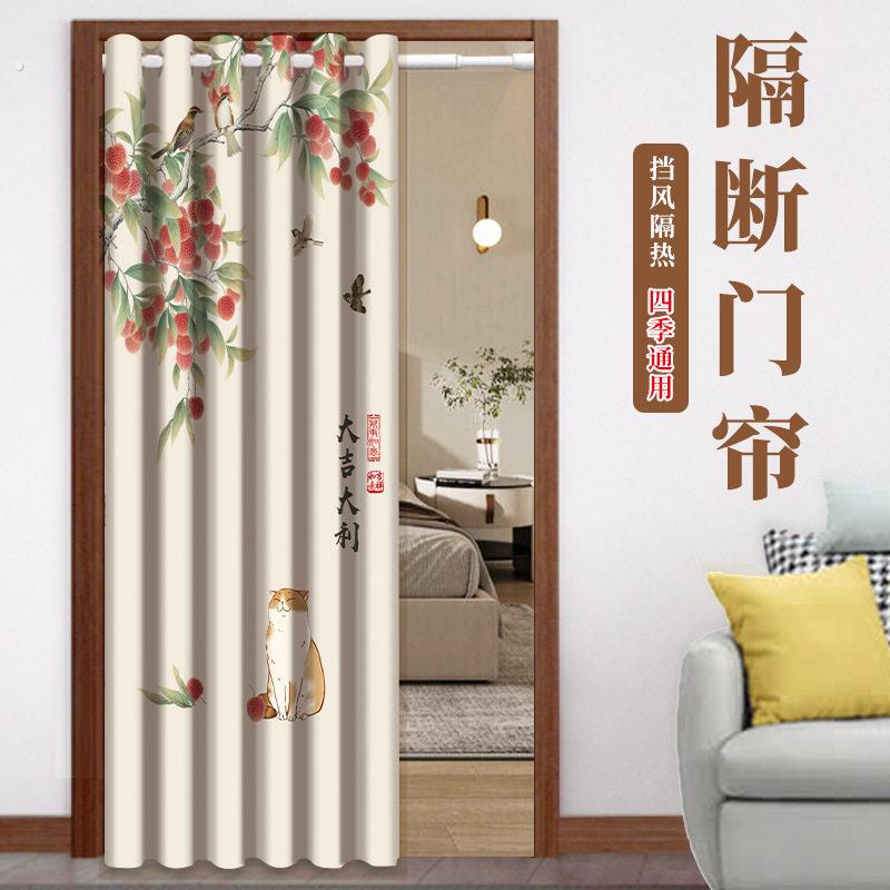 中式门帘隔断帘免打孔伸缩杆家用隔断帘打孔窗帘门帘可推拉