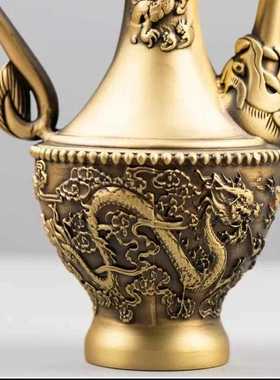 直销新款黄铜浮雕高脚龙凤壶八仙酒壶仿古酒壶水壶双龙把把壶摆件