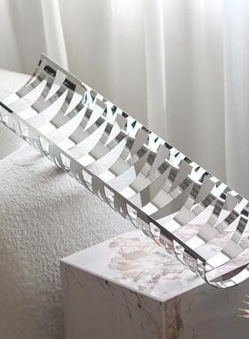 现代艺术卷边托盘轻奢几何网格镂空果盘摆件样板房售楼处软装饰品